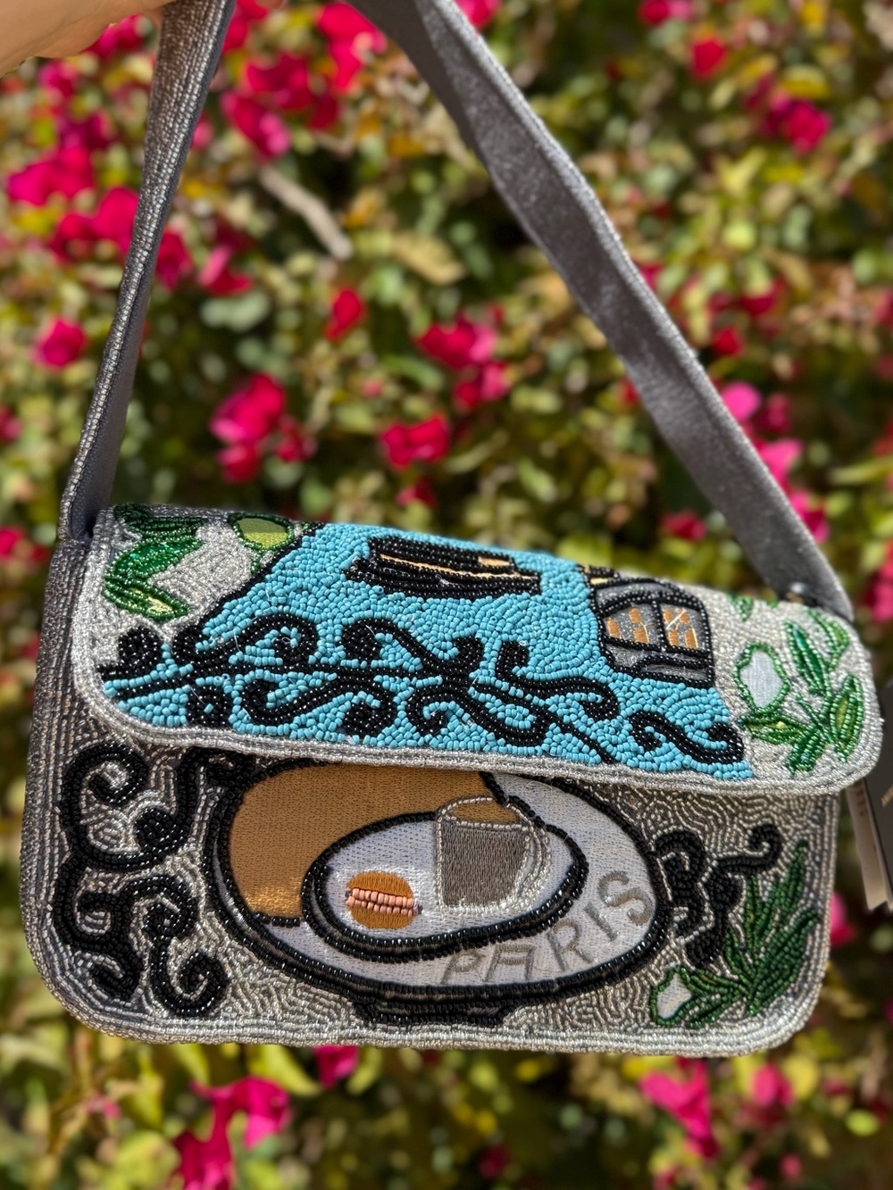 NWT America and & Beyond Paris Cafe Eiffel Tower Scene Gray Beaded Shoulder Bag